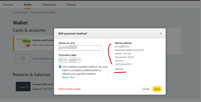 아마존 독일에 신용카드 등록 – Billing Address