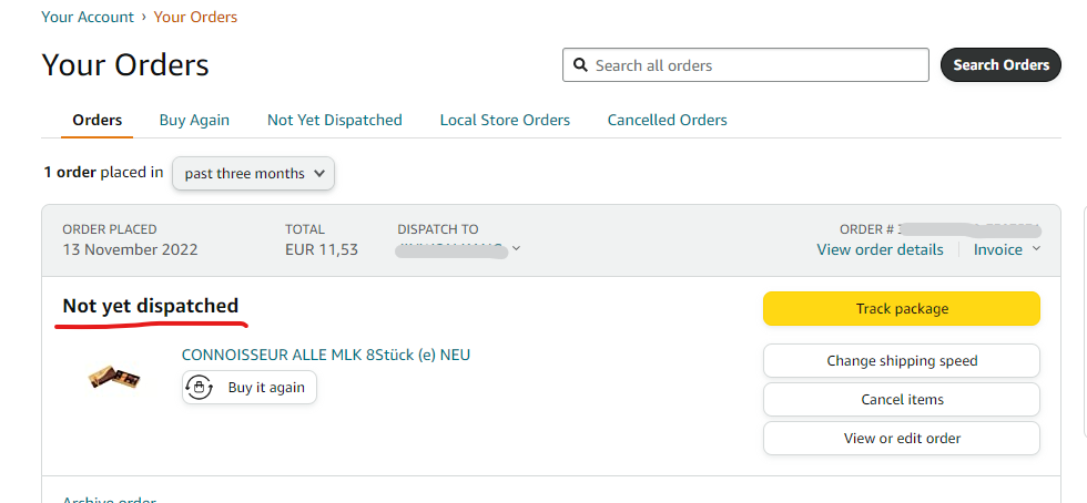 아마존 직구 Not yet dispatched (not yet shipped)
